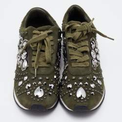 Pre Owned Tory Burch Green Suede Scarlett Crystal Embellished Sneakers Size 39.5
