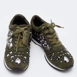 Pre Owned Tory Burch Green Suede Scarlett Crystal Embellished Sneakers Size 39.5