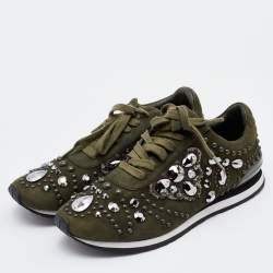 Pre Owned Tory Burch Green Suede Scarlett Crystal Embellished Sneakers Size 39.5