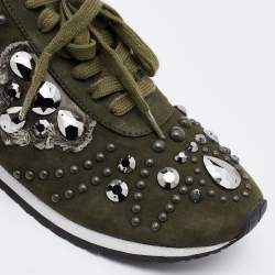 Pre Owned Tory Burch Green Suede Scarlett Crystal Embellished Sneakers Size 39.5
