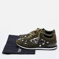 Pre Owned Tory Burch Green Suede Scarlett Crystal Embellished Sneakers Size 39.5