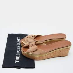 Pre Owned Tory Burch Beige Canvas Bow Wedge Slide Sandals Size 39