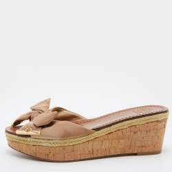 Pre Owned Tory Burch Beige Canvas Bow Wedge Slide Sandals Size 39