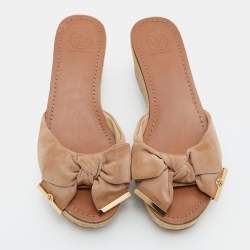 Pre Owned Tory Burch Beige Canvas Bow Wedge Slide Sandals Size 39