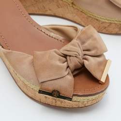 Pre Owned Tory Burch Beige Canvas Bow Wedge Slide Sandals Size 39