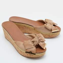Pre Owned Tory Burch Beige Canvas Bow Wedge Slide Sandals Size 39