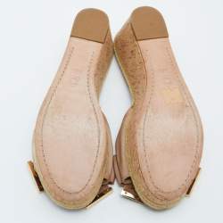 Pre Owned Tory Burch Beige Canvas Bow Wedge Slide Sandals Size 39