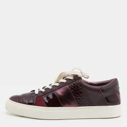 Pre Owned Tory Burch Burgundy Croc Embossed Leather and Patent Low Top Sneakers Size 39