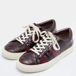 Pre Owned Tory Burch Burgundy Croc Embossed Leather and Patent Low Top Sneakers Size 39