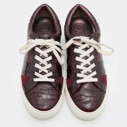 Pre Owned Tory Burch Burgundy Croc Embossed Leather and Patent Low Top Sneakers Size 39