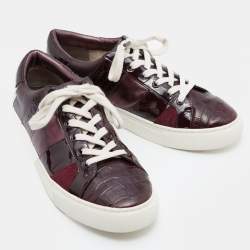 Pre Owned Tory Burch Burgundy Croc Embossed Leather and Patent Low Top Sneakers Size 39