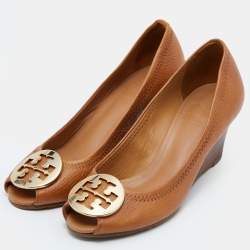 Pre Owned Tory Burch Tan Leather Selma Wedge Logo Peep Toe Pumps Size 41 