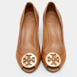 Pre Owned Tory Burch Tan Leather Selma Wedge Logo Peep Toe Pumps Size 41 