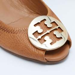 Pre Owned Tory Burch Tan Leather Selma Wedge Logo Peep Toe Pumps Size 41 