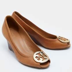 Pre Owned Tory Burch Tan Leather Selma Wedge Logo Peep Toe Pumps Size 41 