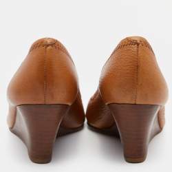 Pre Owned Tory Burch Tan Leather Selma Wedge Logo Peep Toe Pumps Size 41 