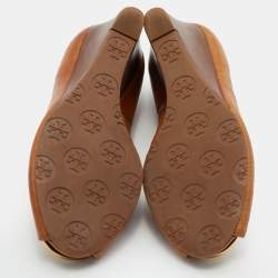 Pre Owned Tory Burch Tan Leather Selma Wedge Logo Peep Toe Pumps Size 41 