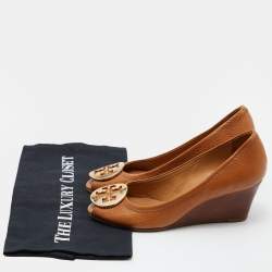 Pre Owned Tory Burch Tan Leather Selma Wedge Logo Peep Toe Pumps Size 41 