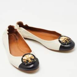 Pre Owned Tory Burch Off White/Black Leather Logo Buckle Ballet Flats Size 38