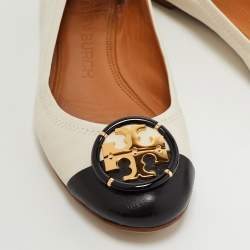 Pre Owned Tory Burch Off White/Black Leather Logo Buckle Ballet Flats Size 38