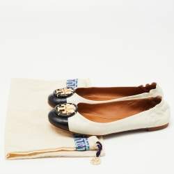 Pre Owned Tory Burch Off White/Black Leather Logo Buckle Ballet Flats Size 38
