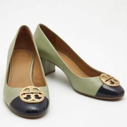 Pre Owned Tory Burch Green/Navy Blue Patent and Leather Chelsea Pumps Size 37
