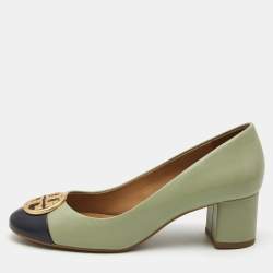 Pre Owned Tory Burch Green/Navy Blue Patent and Leather Chelsea Pumps Size 37