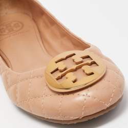 Pre Owned Tory Burch Beige Quilted Leather Quinn Ballet Flats Size 38.5