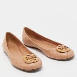 Pre Owned Tory Burch Beige Quilted Leather Quinn Ballet Flats Size 38.5