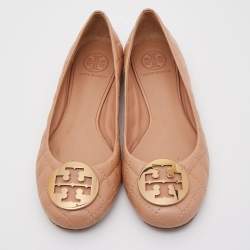 Pre Owned Tory Burch Beige Quilted Leather Quinn Ballet Flats Size 38.5