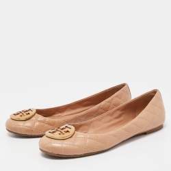 Pre Owned Tory Burch Beige Quilted Leather Quinn Ballet Flats Size 38.5