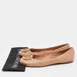 Pre Owned Tory Burch Beige Quilted Leather Quinn Ballet Flats Size 38.5