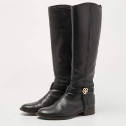 Pre Owned Tory Burch Black Leather Reva Knee Length Boots Size 36.5