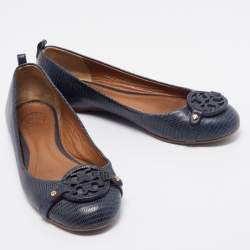 Tory Burch Navy Blue Lizard Embossed Leather Ballet Flats Size 37.5