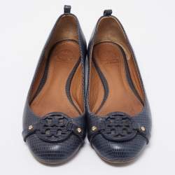 Tory Burch Navy Blue Lizard Embossed Leather Ballet Flats Size 37.5