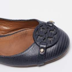 Tory Burch Navy Blue Lizard Embossed Leather Ballet Flats Size 37.5