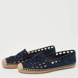 Pre Owned Tory Burch Navy Blue Suede Cutout Espadrille Flats Size 37.5
