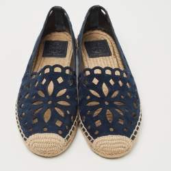 Pre Owned Tory Burch Navy Blue Suede Cutout Espadrille Flats Size 37.5