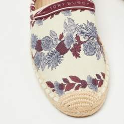 Pre Owned Tory Burch Cream/Red Printed Canvas whipstitch Espadrille Flats Size 39.5
