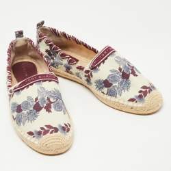 Pre Owned Tory Burch Cream/Red Printed Canvas whipstitch Espadrille Flats Size 39.5