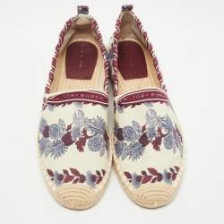 Pre Owned Tory Burch Cream/Red Printed Canvas whipstitch Espadrille Flats Size 39.5