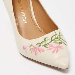 Pre Owned Tory Burch Cream Patent Leather Flower Embroidered Elizabeth Pointed Toe Pumps Size 39.5