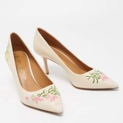 Pre Owned Tory Burch Cream Patent Leather Flower Embroidered Elizabeth Pointed Toe Pumps Size 39.5