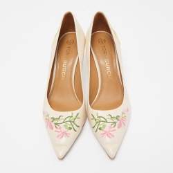 Pre Owned Tory Burch Cream Patent Leather Flower Embroidered Elizabeth Pointed Toe Pumps Size 39.5