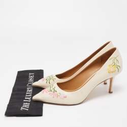 Pre Owned Tory Burch Cream Patent Leather Flower Embroidered Elizabeth Pointed Toe Pumps Size 39.5