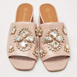 Pre Owned Tory Burch Beige Croc Embossed Leather Martine Mules Size 40