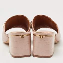 Pre Owned Tory Burch Beige Croc Embossed Leather Martine Mules Size 40