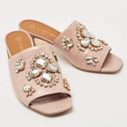 Pre Owned Tory Burch Beige Croc Embossed Leather Martine Mules Size 40