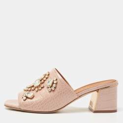 Pre Owned Tory Burch Beige Croc Embossed Leather Martine Mules Size 40