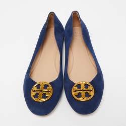 Pre Owned Tory Burch Navy Blue Suede Reva Ballet Flats Size 39.5